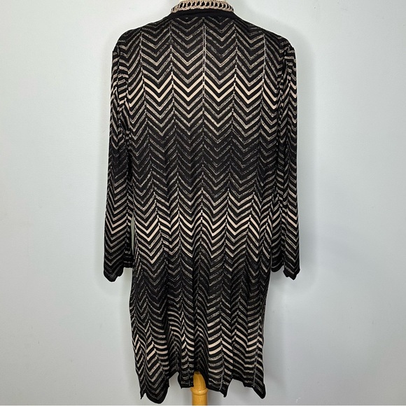 Misook Black Braided Trim Chevron Zig Zag Knit Long Cardigan Sweater Size L - Picture 2 of 12